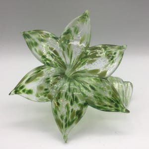 Green Clear Glittered Art Glass Flower W Curled Stem Sculpture Hand Blown