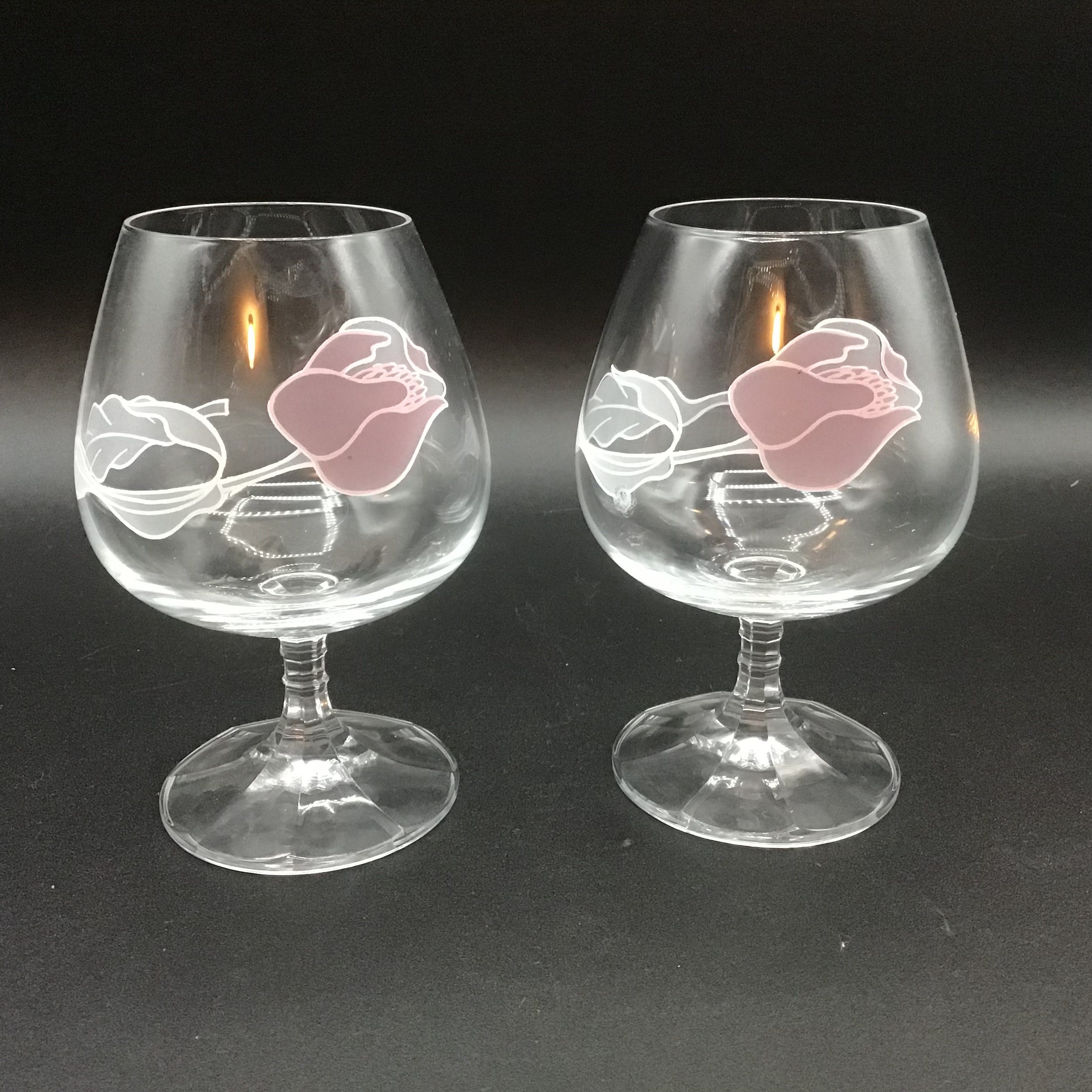 Two Vintage Bohemia Crystal Brandy Snifter Glasses, Pink Tulip Pattern