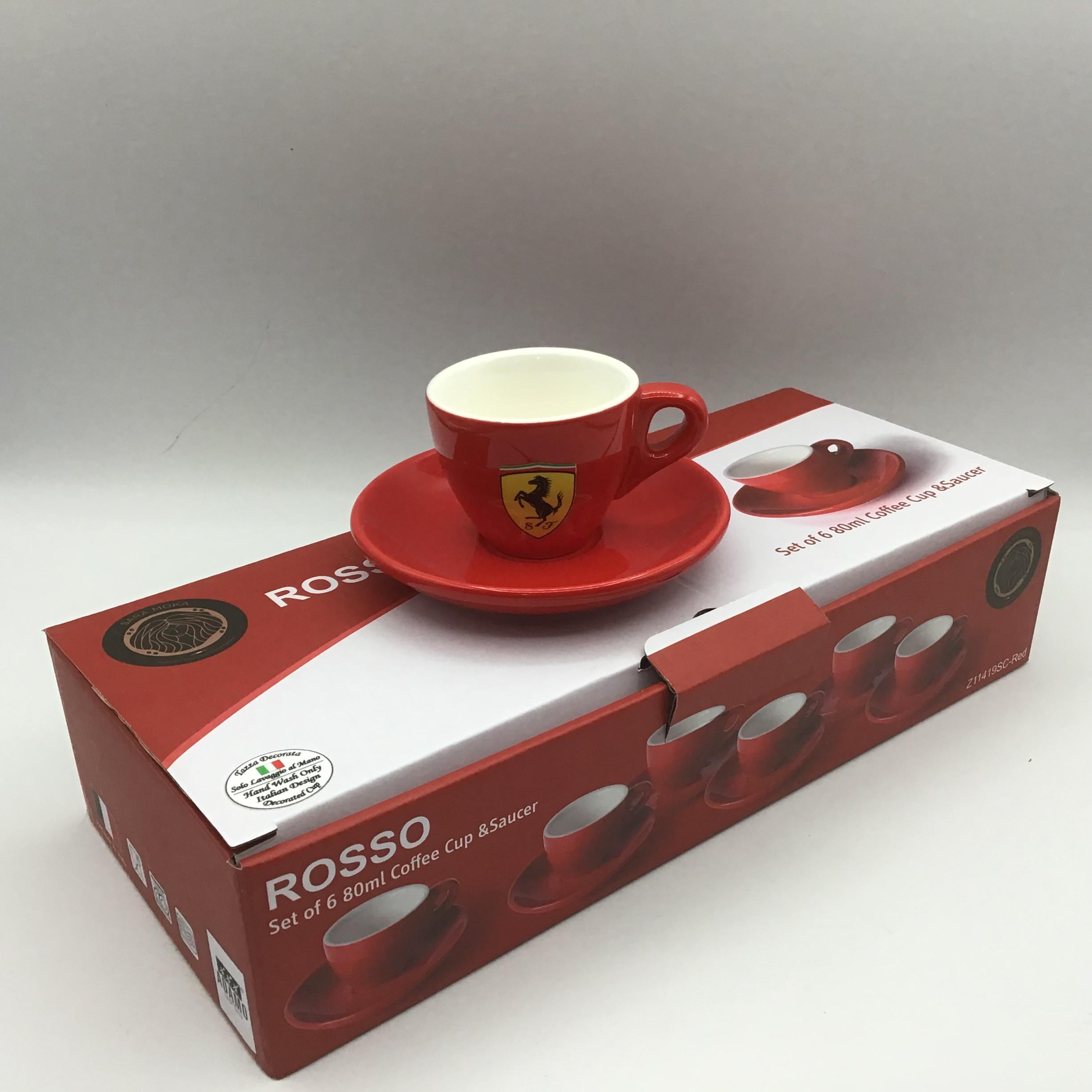 Sara Moka Set of Six Rosso Espresso Cups and Saucers With Ferrari