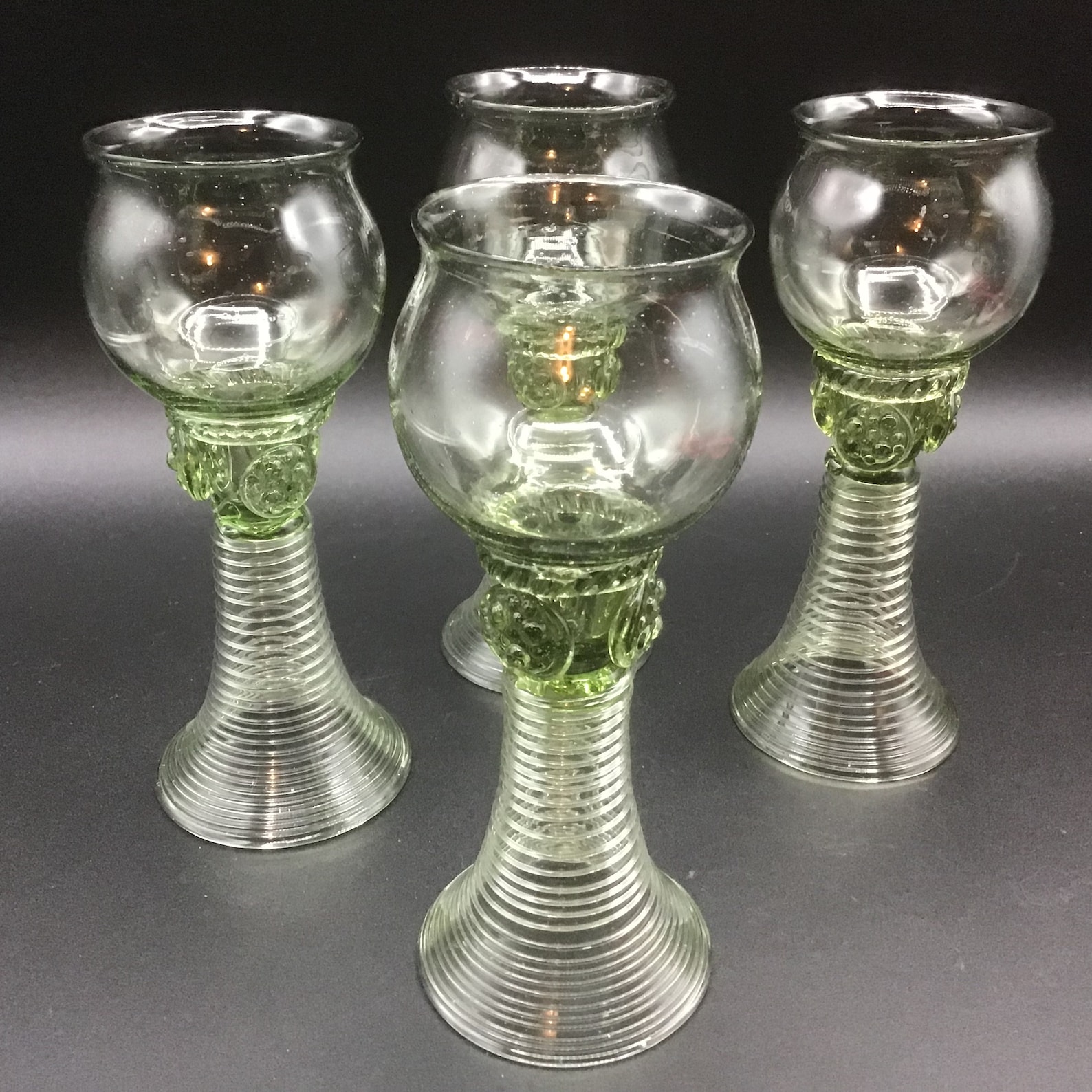4 Vintage Green Pale Green Traditional Wine Goblet Hock Glass Römer beehive Stem
