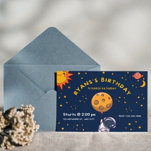 Child Space Birthday Invitation Digital Download | Kids B-Day Cartoon Invite | Astronaut Sun Stars Planets Space Template Card