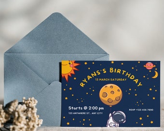 Child Space Birthday Invitation Digital Download | Kids B-Day Cartoon Invite | Astronaut Sun Stars Planets Space Template Card