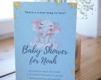 Blue Elephant Baby Shower Invitation Card | Star Baby Invite Card | Editable Digital Download | Polk a Dot Invitation | Baby Coming Card