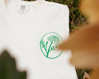 Ivory Comfort Colors T-Shirt, Marigold Flower Embroidery