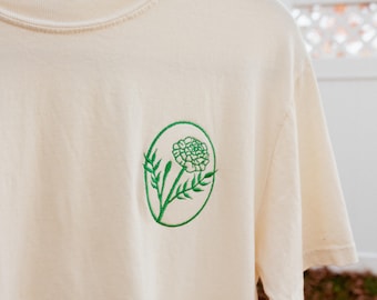 Embroidered Marigold Flower T-Shirt, Comfort Colors Cotton Tee