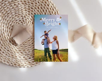 Customizable Merry & Bright Christmas Card, Photo Template (Digital Download)