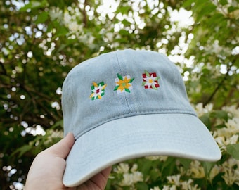 Denim Floral Quilt Embroidered Cap, Cottagecore Mother's Day Gift, Adjustable, Quilting Enthusiast, Flowers, Nature Lover, Outdoor Accessory