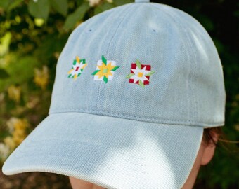 Patchwork Flowers Embroidered Cotton Cap, Cottagecore Gift for Mom, Adjustable, Quilting Enthusiast, Denim, Floral Lover, Outdoor Accessory