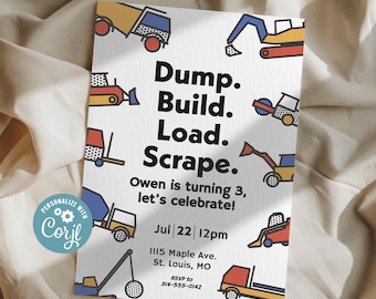 Construction Vehicles Birthday Invitation, Editable Party Invite (Digital Download)