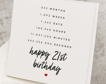 Happy 21st Birthday Card For Her, 21 Years Old Birthday Gift For Him, For Son Twenty-One Years In Seconds & Minutes, Daughter 21st Birthday