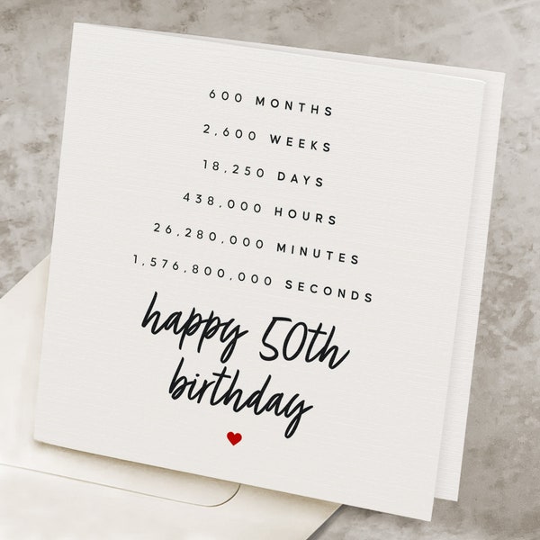 Happy 50th Birthday Card For Women, For Men, 50 Years in Minutes & Seconds, Fiftieth Birthday Card For Him, Fifty Year Birthday Gift For Her