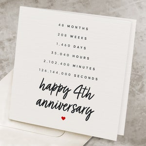 4th Anniversary Card For Husband, For Boyfriend, 4 Years Anniversary, Fourth Anniversary Gift For Wife, For Girlfriend, Seconds Passed AV014