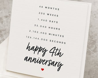 4th Anniversary Card For Husband, For Boyfriend, 4 Years Anniversary, Fourth Anniversary Gift For Wife, For Girlfriend, Seconds Passed AV014