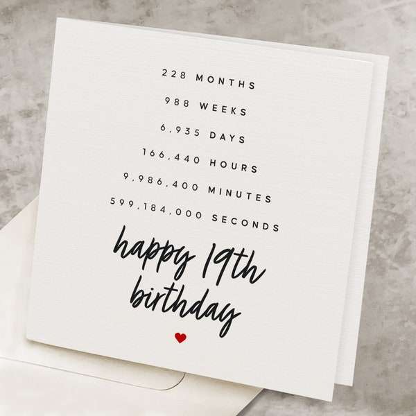 Happy 19th Birthday Card For Her, For Girl, 19 Years In Minutes & Seconds, Nineteenth Birthday Card For Him, For Boy, Nineteen Birthday Gift
