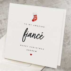 Fiancé Love Christmas Card, Personalized Name, Christmas Card For Fiance, Red Heart, Cute Stocking, Husband-To-Be Romantic Christmas Card