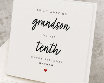 Petit-fils 10ème carte d'anniversaire, dixième carte de joyeux anniversaire pour petit-fils, dix ans, nom personnalisé, cadeau d'anniversaire mignon de petit-fils de 10 ans