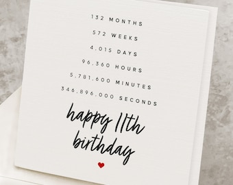 11th Birthday Card For Boy, Eleventh Birthday Card For Girl, 11 Years Old Birthday Gift, For Niece, For Nephew, Minutes Seconds Eleven Years