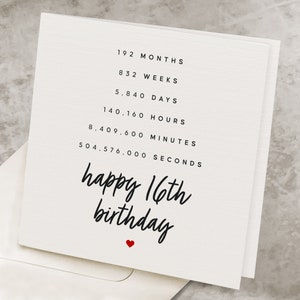 16th Birthday Card For Girl, For Boy, Sixteen Years Old Birthday Card, Months-Weeks-Minutes-Seconds, 16 Year Old Bday Card, For Him, For Her