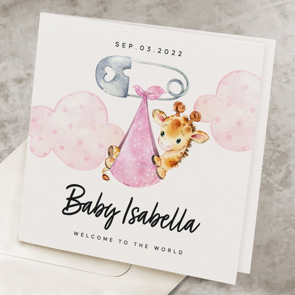 New Baby Girl Card, Personalized Name & Date, Baby Girl Announcement Card, Cute Pink Baby Bear Card, New Baby Daughter Card, New Parents