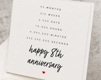 Carte du 8e anniversaire pour le mari, cadeau du 8e anniversaire pour la femme, cadeau du 8e anniversaire pour elle, carte du huitième anniversaire pour lui AV021