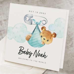 Personalized New Baby Boy Card, Custom Name & Date, Baby Boy Announcement Card, New Parents, Cute Blue Baby Bear Card, New Baby Son Card