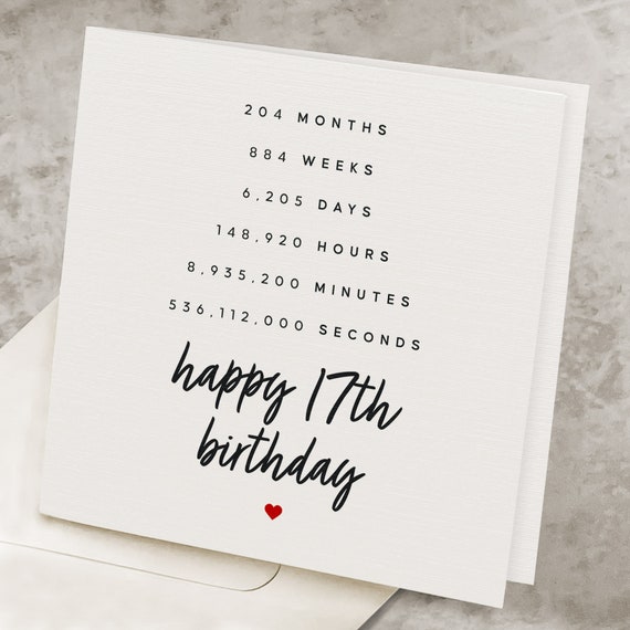 Tarjeta de cumplea os n mero 17 para ni a para hija regalo de diecisiete cumplea os para ni o hijo 17 a os en minutos y segundos tarjeta de