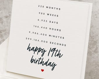 Happy 19th Birthday Card For Her, For Girl, 19 Years In Minutes & Seconds, Nineteenth Birthday Card For Him, For Boy, Nineteen Birthday Gift