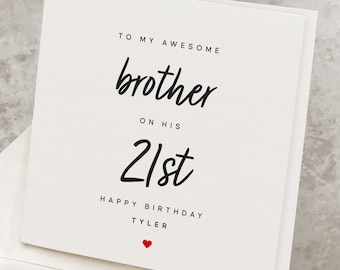 Tarjeta de cumpleaños número 21 para hermano, tarjeta de cumpleaños de hermano de 21 años, personalizada cualquier nombre, regalo de cumpleaños número 21 de hermano menor HB105