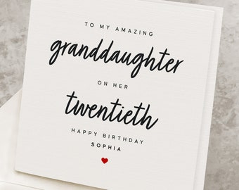 20th Birthday Card For Granddaughter, Personalized Granddaughter's 20 Year Birthday Gift, Twenty, Twentieth Birthday Card To Granddaughter