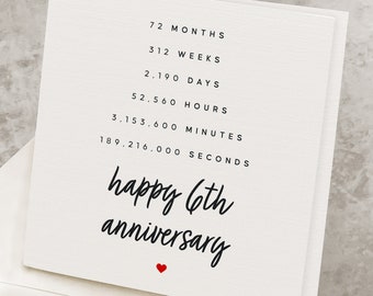 Carte du 6e anniversaire pour lui, pour le mari, cadeau du 6e anniversaire pour la femme, pour elle, 6 ans comptés dans le temps, joyeux 6e anniversaire AV019