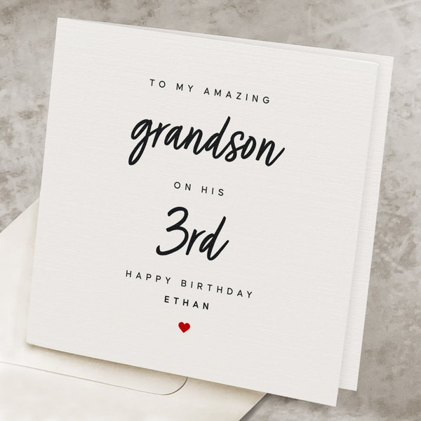 Grandson 3rd Birthday Card, Personalized  Happy Third Birthday Gift for Grandson, From Grandma, Three, 3 Years Old Grandson's Birthday Card