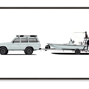 FJ60 Landcruiser, boot en een hond Premium satijnen poster