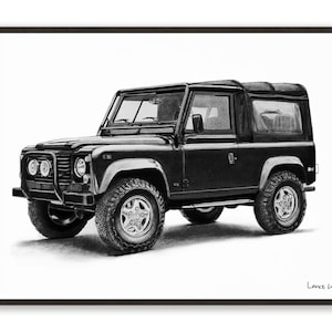 1997 Land Rover Defender Charcoal Print | Hand Drawn by Lance Wilkes | Rustic Wall Art for Car Enthusiasts