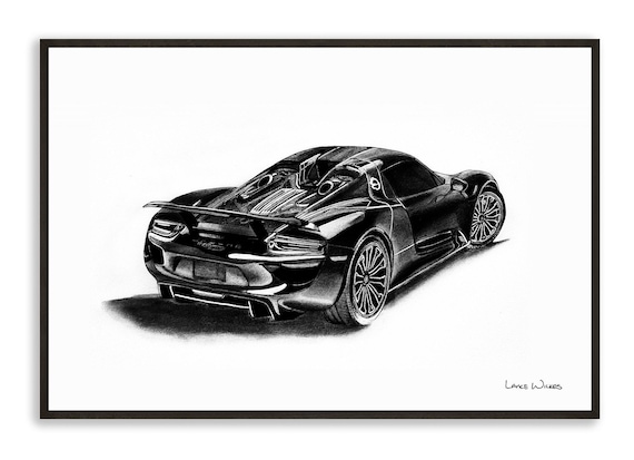 Porsche 918 Spyder Framed Print | Original Charcoal Drawing by