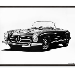 Mercedes-Benz 300SL Roadster anthrazit Kunstdruck | Original Hand gezeichnet Schwarz und Weiß | Lance Wilkes Kunst