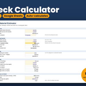 Deck Calculator Spreadsheet, Deck Material List and Cost Estimate Template, Decking Boards Joists Footings, Excel & Google Sheets