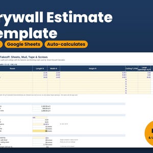 Drywall Estimate Template, Drywall Takeoff Calculator Spreadsheet, Sheets Mud Tape and Screws, Drywall Bid, Excel & Google Sheets