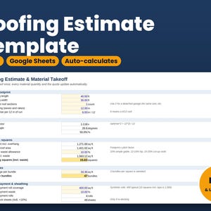 Roofing Estimate Template, Roof Takeoff Calculator Spreadsheet, Shingle Bundles and Squares, Roofing Quote, Excel & Google Sheets