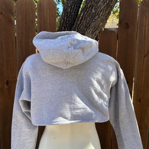 May include: A light gray cropped hoodie with a drawstring hood and long sleeves. The sweatshirt is displayed on a mannequin. The background includes a wooden fence and tree.