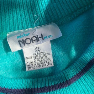 Puede incluir: Primer plano de un su&eacute;ter de color turquesa con cuello acanalado y una raya morada oscura. La etiqueta dice "mister NOAH PLUS" e incluye informaci&oacute;n sobre la talla y la composici&oacute;n de la tela. El su&eacute;ter est&aacute; hecho de poli&eacute;ster, algod&oacute;n y acr&iacute;lico.