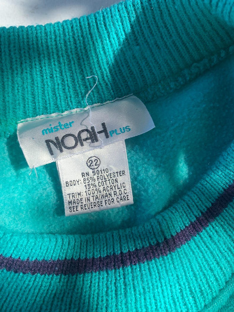 Puede incluir: Primer plano de un su&eacute;ter de color turquesa con cuello acanalado y una raya morada oscura. La etiqueta dice "mister NOAH PLUS" e incluye informaci&oacute;n sobre la talla y la composici&oacute;n de la tela. El su&eacute;ter est&aacute; hecho de poli&eacute;ster, algod&oacute;n y acr&iacute;lico.