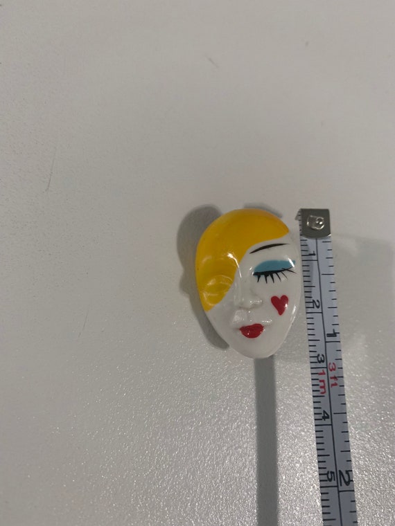 Vintage 80-90s Plastic Colorful Mime Face Brooch. - image 3
