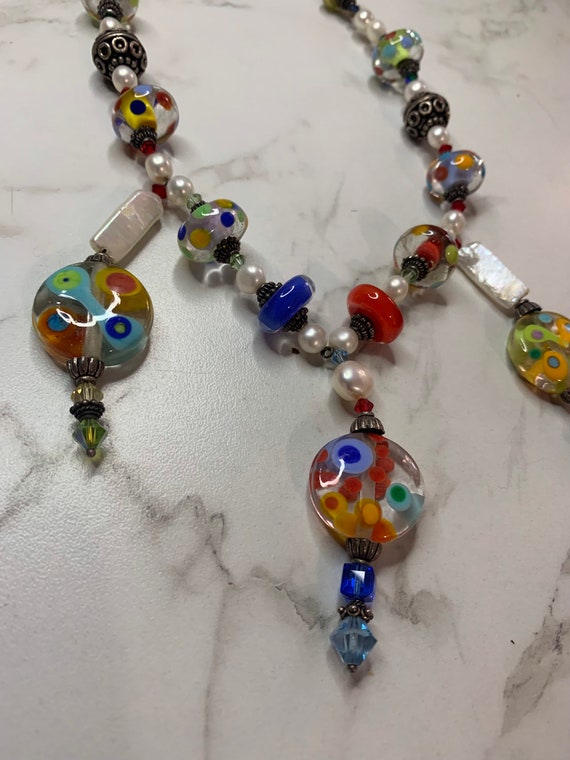 Vintage Handmade Hippie/Boho glass charms necklac… - image 1