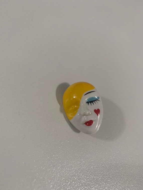 Vintage 80-90s Plastic Colorful Mime Face Brooch. - image 1