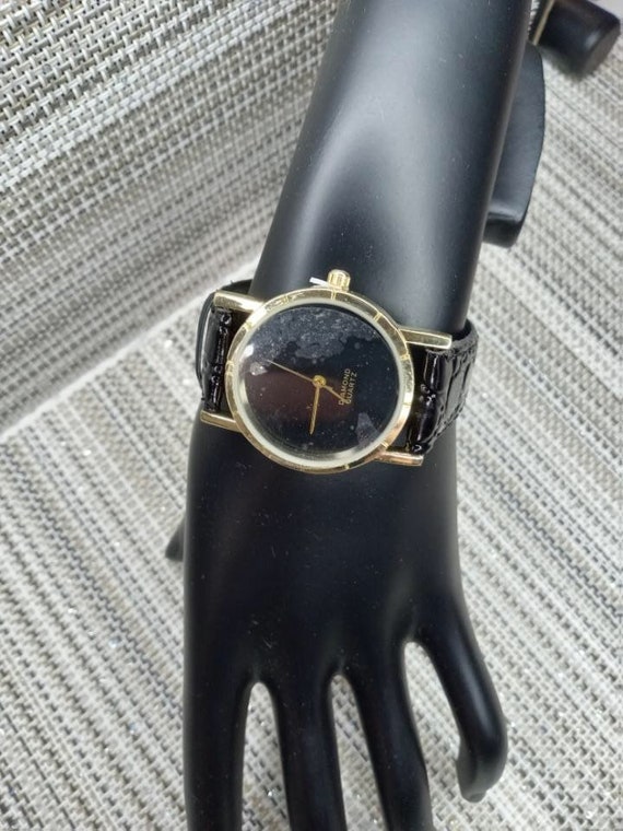 Vintage 90s Diamond Quartz leather band ladies wa… - image 1