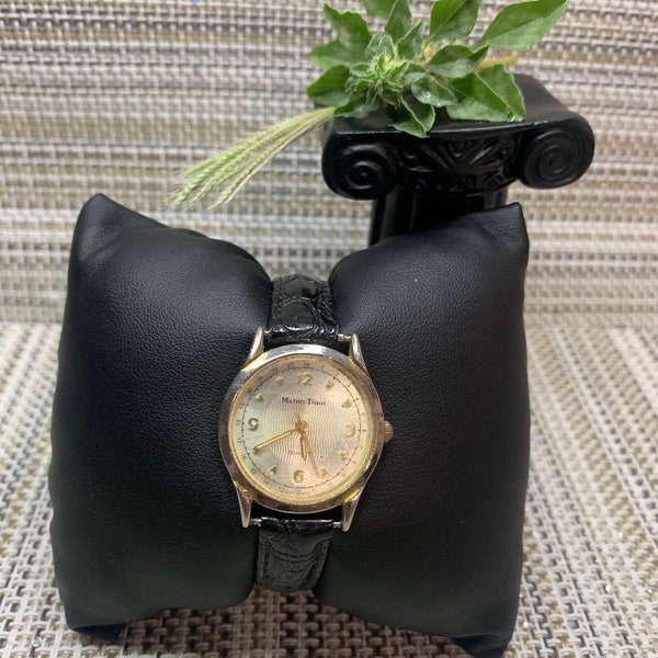 Vintage 80s Mathey Tissot gold tone leather band watch, vintage ladies watch.