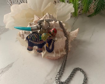Vintage Elephant necklace, Cloisonné necklace, multi-pendant necklace.