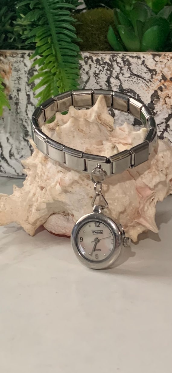 Vintage Pagoda S. Steel Bracelet With Watch Charm, Vintage