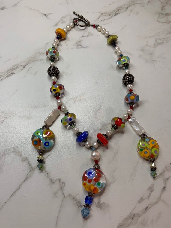 Vintage Handmade Hippie/Boho glass charms necklac… - image 2