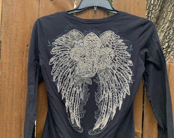 Y2K Vintage Gothic Wings Women’s long sleeve rhinestone T-shirt size L juniors, Black, Dark, emo, Grunge, Y2K.